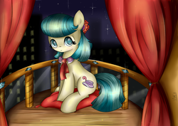 Size: 3507x2480 | Tagged: dead source, safe, artist:nika191319, coco pommel, g4, made in manehattan, balcony, female, high res, night, sitting, solo