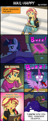 Size: 800x2020 | Tagged: safe, artist:uotapo, sunset shimmer, twilight sparkle, alicorn, human, pony, equestria girls, g4, bed, blushing, book, comic, cute, dialogue, eyes closed, female, magic, quill, shimmerbetes, smiling, thought bubble, twiabetes, twilight sparkle (alicorn), writing