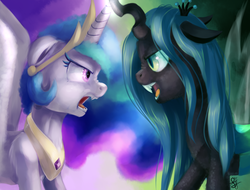 Size: 2626x2000 | Tagged: dead source, safe, artist:cottoncole, princess celestia, queen chrysalis, alicorn, changeling, changeling queen, pony, g4, angry, fangs, female, growling, high res, nose wrinkle