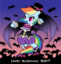 Size: 500x523 | Tagged: safe, artist:ymnsk, artist:yumenosuke, rainbow dash, bat, pony, vampire, g4, bat wings, bipedal, clothes, female, halloween, open mouth, solo, wings