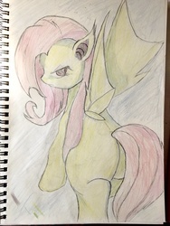 Size: 768x1024 | Tagged: safe, artist:hiieru, fluttershy, bat pony, pony, g4, female, flutterbat, looking at you, looking back, solo, traditional art