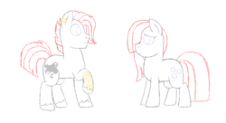 Size: 2845x1549 | Tagged: safe, artist:strawberry-spritz, marble pie, earth pony, pony, g4, duality, ear piercing, earring, female, hair over one eye, jewelry, looking at each other, looking at someone, male, ms paint, piercing, raised hoof, rule 63, self ponidox, tattoo, trans male, transgender