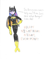 Size: 788x1015 | Tagged: safe, artist:darthwill3, twilight sparkle, equestria girls, g4, batgirl, batman, boots, clothes, cosplay, costume, gloves, nightmare night, traditional art, voice actor joke