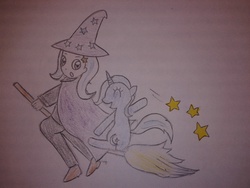 Size: 2560x1920 | Tagged: artist needed, safe, trixie, human, g4, broom, eyes closed, flying, flying broomstick, happy, human ponidox, humanized, looking back, open mouth, sitting, smiling, stars, traditional art, trixie's cape, trixie's hat