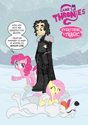 Size: 2480x3508 | Tagged: safe, artist:jodeonslow, fluttershy, pinkie pie, dire wolf, g4, winter wrap up, bellyrubs, crossover, game of thrones, ghost (got), high res, jon snow