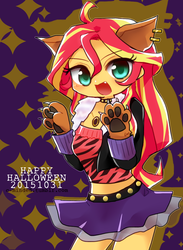Size: 974x1332 | Tagged: safe, artist:c-minded, sunset shimmer, werewolf, equestria girls, g4, clawdeen wolf, clothes, costume, crossover, earring, female, monster high, piercing, solo