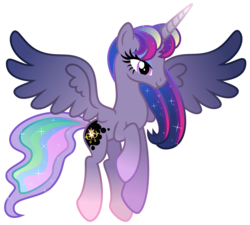 Size: 8000x7210 | Tagged: safe, artist:osipush, princess cadance, princess celestia, princess luna, twilight sparkle, alicorn, pony, g4, absurd resolution, alicorn tetrarchy, female, flying, fusion, inkscape, mare, simple background, solo, spread wings, transparent background, twilestunadance, twilight sparkle (alicorn), vector, what has magic done, wings