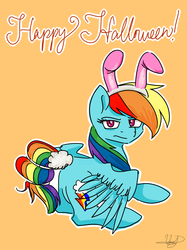 Size: 1280x1707 | Tagged: safe, artist:violyre, rainbow dash, pegasus, pony, g4, backwards cutie mark, bunny costume, bunny ears, bunny tail, clothes, costume, featureless crotch, female, solo, unamused