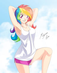 Size: 2149x2790 | Tagged: safe, artist:shinta-girl, rainbow dash, human, g4, armpits, clothes, cloud, female, high res, humanized, looking at you, pajamas, shorts, sky, smiling, solo, tank top
