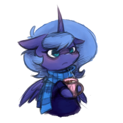 Size: 800x800 | Tagged: safe, artist:breadcipher, princess luna, alicorn, pony, g4, clothes, coat, coffee, cup, drink, female, mug, s1 luna, scarf, simple background, solo, white background