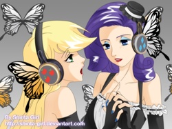 Size: 4731x3543 | Tagged: safe, artist:shinta-girl, applejack, rarity, butterfly, human, g4, duo, female, humanized, lesbian, magnet (vocaloid), ship:rarijack, shipping, song reference, vocaloid