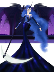 Size: 2199x2941 | Tagged: safe, artist:moryartix, nightmare moon, human, g4, female, high res, humanized, scythe, solo, winged humanization