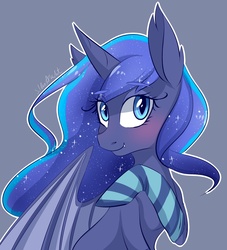 Size: 1964x2160 | Tagged: safe, artist:silbersternenlicht, princess luna, bat pony, pony, vampire, g4, bat ponified, blushing, clothes, fangs, female, lunabat, race swap, signature, smiling, socks, solo, striped socks