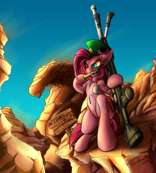 Size: 1600x1778 | Tagged: safe, artist:foldeath, oc, oc only, oc:gunrunner, earth pony, pony, fallout equestria, 10/6, belly button, bipedal, bullet, canyon, female, gun, harkonnen, hat, hooves, mad hatter hat, mare, open mouth, optical sight, rifle, sign, signature, sniper rifle, solo, teeth, text, weapon, what could possibly go wrong