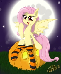 Size: 1024x1229 | Tagged: safe, artist:wan1357, fluttershy, bat pony, pony, g4, clothes, female, flutterbat, halloween, jack-o-lantern, mare in the moon, moon, pumpkin, sitting, socks, solo, striped socks