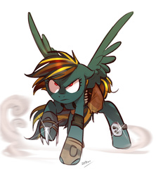 Size: 1451x1633 | Tagged: safe, artist:imalou, oc, oc only, oc:cannonball, pegasus, pony, fallout equestria, hoof blades, raider, solo, weapon, wings