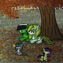 Size: 4125x4125 | Tagged: safe, artist:sketchydesign78, oc, oc only, oc:racer hooves, oc:rain blitz, oc:sketchy design, oc:spearmint, absurd resolution, autumn, family, leaves, tree