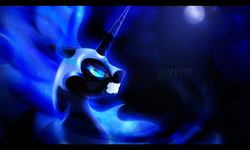 Size: 1100x660 | Tagged: safe, artist:jizorai, nightmare moon, g4, female, floppy ears, gritted teeth, moon, night, solo, squint