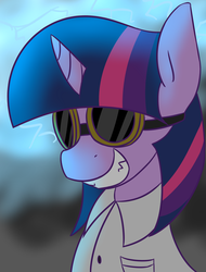 Size: 1595x2096 | Tagged: safe, artist:psicarii, twilight sparkle, g4, female, goggles, grin, mad scientist, portrait, solo