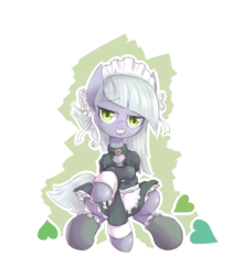 Size: 1280x1451 | Tagged: safe, artist:mlpanon, edit, limestone pie, g4, clothes, cute, female, grin, heart, inverted mouth, lidded eyes, limabetes, maid, raised eyebrow, raised hoof, sharp teeth, simple background, sitting, smiling, smirk, socks, solo, teeth, white background