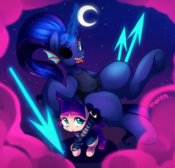 Size: 2000x1908 | Tagged: safe, artist:maren, lily longsocks, princess luna, alicorn, earth pony, pony, g4, background pony, carrying, clothes, costume, cute, eyepatch, female, filly, frisk, holding, looking at you, looking up, magic, mare, moon, night, nightmare night, open mouth, pippi longstocking, sharp teeth, shirt, sitting, smiling, spear, strong, super strength, telekinesis, tongue out, underhoof, undertale, undyne