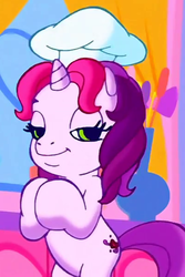 Size: 400x600 | Tagged: safe, screencap, sweetie belle (g3), pony, unicorn, g3, g3.5, waiting for the winter wishes festival, chef's hat, cropped, devious smile, female, filly, foal, hat, hilarious in hindsight in the comments, hooves together, smiling, solo, xk-class end-of-the-kitchen scenario