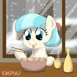 Size: 1000x1000 | Tagged: safe, artist:empyu, coco pommel, g4, 30 minute art challenge, bowl, chopsticks, cocobetes, cup, cute, dexterous hooves, drink, eating, female, how, lunch, ramen, ramen face, signature, snow, snowfall, solo, steam, table, vase, window