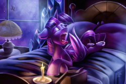 Size: 1500x1000 | Tagged: safe, artist:tsitra360, nightmare moon, twilight sparkle, alicorn, pony, g4, adorkable, bed, book, candle, cute, dork, eyes closed, female, horseshoes, lamp, mare, mawshot, night, open mouth, prone, solo focus, tongue out, twiabetes, twilight sparkle (alicorn), underhoof, wing hands, yawn