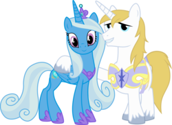 Size: 1024x744 | Tagged: safe, artist:blah23z, color edit, prince blueblood, princess cadance, shining armor, trixie, alicorn, pony, g4, armor, clothes, female, male, ship:bluetrix, shipping, shoes, simple background, straight