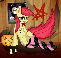 Size: 1800x1700 | Tagged: safe, artist:hanzel2, apple bloom, earth pony, pony, g4, belly button, candle, clothes, drool, female, goth, jack-o-lantern, nightmare night, pentagram, piercing, socks, solo, stockings, stupid sexy apple bloom, thigh highs, tongue out, tongue piercing