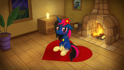 Size: 3164x1780 | Tagged: safe, artist:moemneop, oc, oc only, oc:shiny saphir, pony, unicorn, blushing, cottagecore, cute, fireplace, floppy ears, flower, flower in hair, looking at you, necklace, sitting, smiling, solo