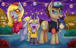Size: 800x505 | Tagged: safe, artist:0okami-0ni, derpy hooves, dinky hooves, doctor whooves, time turner, pony, g4, bill cipher, clothes, costume, crossover, dipper pines, gravity falls, mabel pines, male, nightmare night, stallion