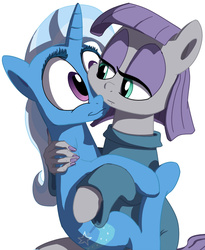 Size: 650x793 | Tagged: safe, artist:foudubulbe, maud pie, trixie, pony, unicorn, g4, carrying, eye contact, female, hand, lesbian, mare, ship:mauxie, shipping, simple background, smiling, suddenly hands, wat, when you see it, white background