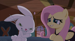 Size: 1200x659 | Tagged: safe, artist:foudubulbe, angel bunny, fluttershy, pegasus, pony, rabbit, g4, scare master, angel is a bunny bastard, animal, pure unfiltered evil, scene interpretation, this will end in tears and/or death