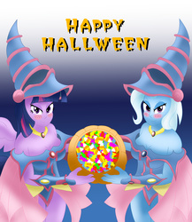 Size: 7800x9000 | Tagged: safe, artist:pikachumask, trixie, twilight sparkle, anthro, g4, absurd resolution, blushing, candy, clothes, cosplay, costume, crossover, dark magician girl, halloween, misspelling, nightmare night, twilight sparkle (alicorn), yu-gi-oh!