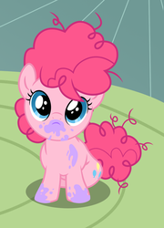 Size: 1056x1470 | Tagged: safe, artist:sketchyjackie, pinkie pie, earth pony, pony, g4, cute, diapinkes, dirty, female, filly, filly pinkie pie, messy eating, puppy dog eyes, solo