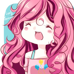 Size: 500x500 | Tagged: safe, artist:leab-lb, pinkie pie, human, g4, blushing, bust, clothes, cute, diapinkes, eyes closed, female, humanized, off shoulder, open mouth, pixiv, solo