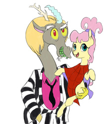 Size: 2000x2300 | Tagged: safe, artist:osakaoji, discord, fluttershy, g4, beetlejuice, clothes, costume, duo, high res, lydia deetz