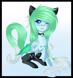 Size: 1024x1085 | Tagged: safe, artist:fluffymaiden, oc, oc only, oc:amaranthine sky, pegasus, pony, bell, bell collar, bow, cat socks, catgirl, clothes, collar, costume, female, glasses, heart eyes, one eye closed, piercing, sitting, socks, solo, stockings, wingding eyes, wink