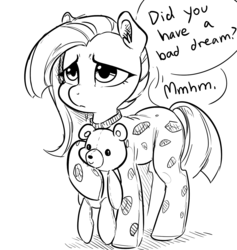 Size: 1304x1373 | Tagged: safe, artist:glacierclear, marble pie, earth pony, pony, g4, black and white, clothes, cute, dialogue, female, filly, footed sleeper, frown, grayscale, marblebetes, monochrome, pajamas, sad, solo, teddy bear, younger