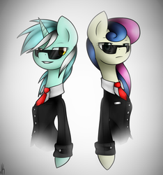 Size: 3000x3200 | Tagged: safe, artist:jadekettu, bon bon, lyra heartstrings, sweetie drops, pony, g4, clothes, duo, high res, mares in black, secret agent sweetie drops, suit, sunglasses