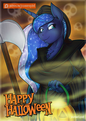Size: 905x1280 | Tagged: safe, artist:jcosneverexisted, princess luna, anthro, g4, chest fluff, clothes, costume, death, female, halloween, jack-o-lantern, patreon, patreon logo, pumpkin bucket, scythe, skull, smiling, solo