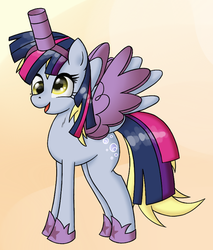 Size: 500x587 | Tagged: safe, artist:deusexequus, derpy hooves, twilight sparkle, alicorn, pony, g4, scare master, alicorn costume, clothes, costume, fake horn, fake wings, female, mare, nightmare night costume, solo, toilet paper roll, toilet paper roll horn, twilight muffins, twilight sparkle (alicorn), wig