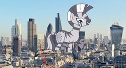 Size: 3000x1636 | Tagged: safe, artist:theotterpony, zecora, zebra, g4, england, giant zebra, giant zecora, giantess, irl, london, macro, mega zecora, photo, solo, united kingdom, vector