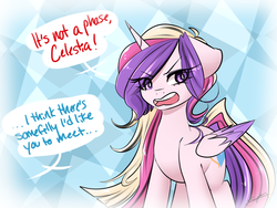 Size: 1280x960 | Tagged: safe, artist:sugarberry, princess cadance, g4, alternate hairstyle, ask-cadance, colored wings, colored wingtips, dialogue, female, floppy ears, implied princess celestia, long hair, offscreen character, solo, speech bubble