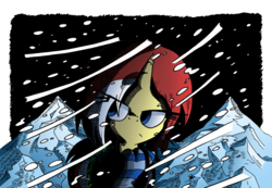 Size: 1500x1035 | Tagged: safe, artist:labba94, oc, oc only, oc:midnight eclipse, pony, unicorn, clothes, mountain, mountain range, night, scarf, snow, snowfall, solo, wind, winter, winter outfit