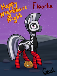 Size: 2507x3308 | Tagged: safe, artist:gradoge, oc, oc only, oc:floora once, zebra, clothes, costume, halloween, high res, jack-o-lantern, looking at you, nightmare night, pumpkin, skull, socks, stars, striped socks, zebra oc