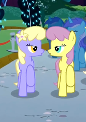 Size: 243x345 | Tagged: safe, screencap, diamond mint, orange blossom, parasol, prim posy, pegasus, pony, unicorn, g4, the best night ever, background pony, clone, female, flower, flower in hair, lidded eyes, mare, out of context