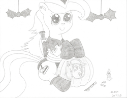 Size: 2202x1700 | Tagged: safe, artist:mc-ryan, oc, oc only, oc:cherry gourmet, clothes, costume, halloween, happy, holiday, jack-o-lantern, monochrome, pumpkin, solo