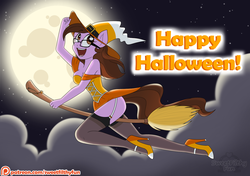 Size: 1400x988 | Tagged: safe, artist:dativyrose, oc, oc only, oc:ivy rose, anthro, breasts, broom, cleavage, clothes, costume, female, flying, flying broomstick, garter belt, halloween, hat, high heels, mary janes, moon, patreon, patreon logo, pinup, shoes, socks, solo, stiletto heels, stockings, thigh highs, witch, witch hat